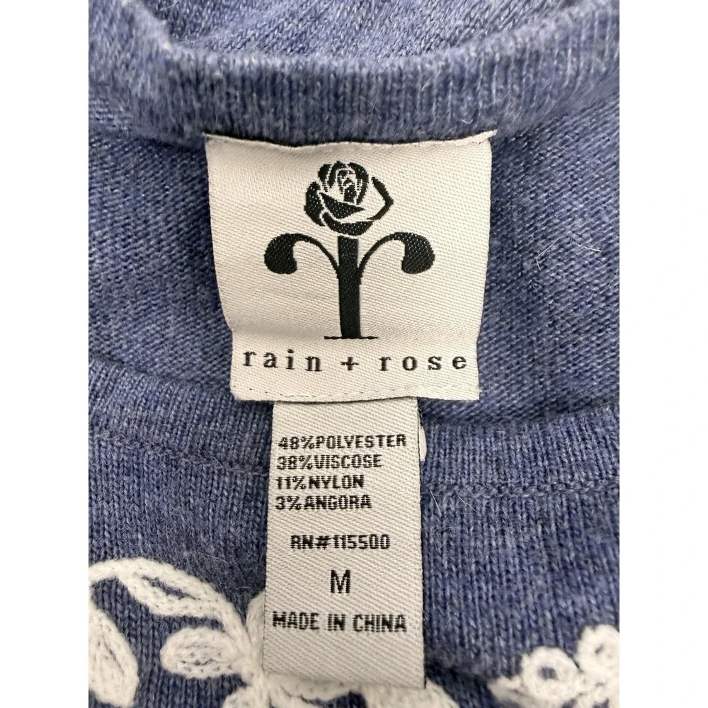 Rain + Rose Sweater Medium Blue‎ Embroidered Floral Angora Blend Boho Top #67